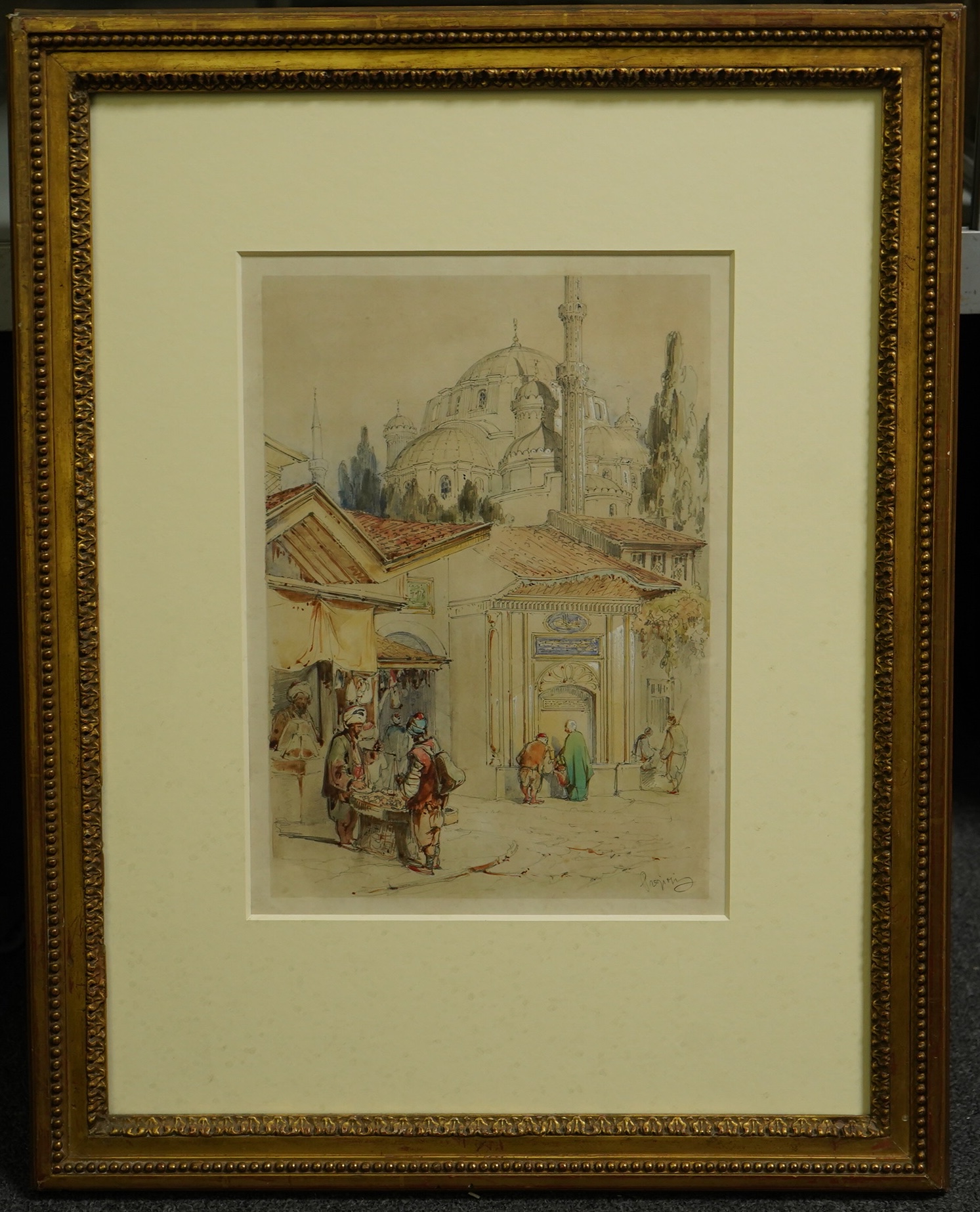 Orientalist School, pencil and watercolour, Street scene with market sellers, indistinctly signed lower right, 30 x 21cm, gilt framed. Condition - fair to good